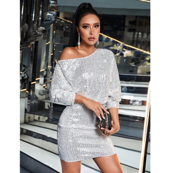 Silver Sequined One Shoulder Dress Long Sleeve Mini Short - Picture 6 of 10
